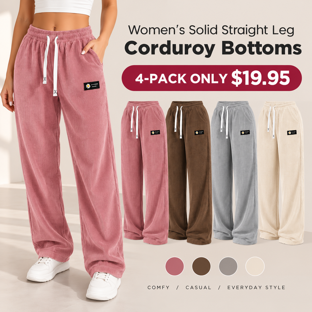 Women's Solid Straight Leg Corduroy Bottoms