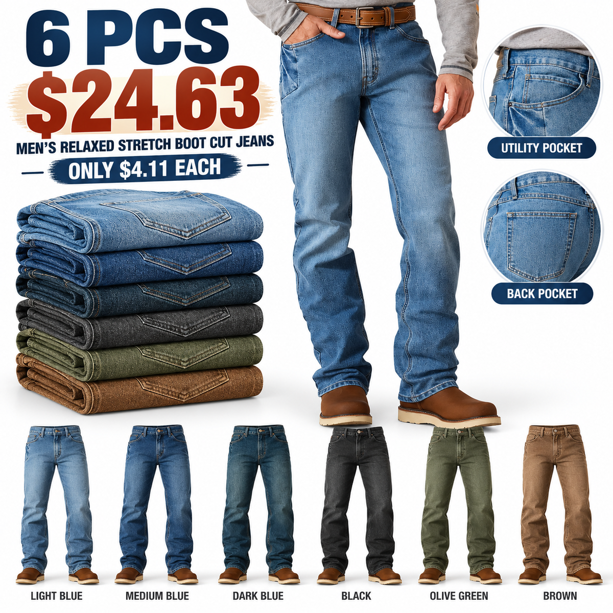 🔥 BESTSELLER | 6PCS $24.63 | Men's Relaxed Stretch Boot Cut Jeans