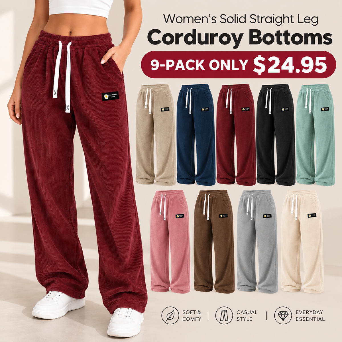 Women's Solid Straight Leg Corduroy Bottoms